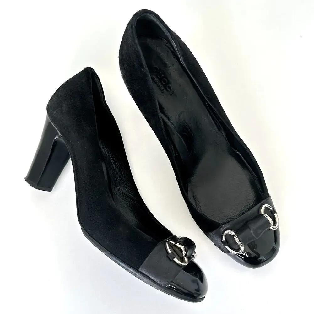 Gucci Classic Black Suede Pumps Bamboo Horsebit Cap Toe IT 39